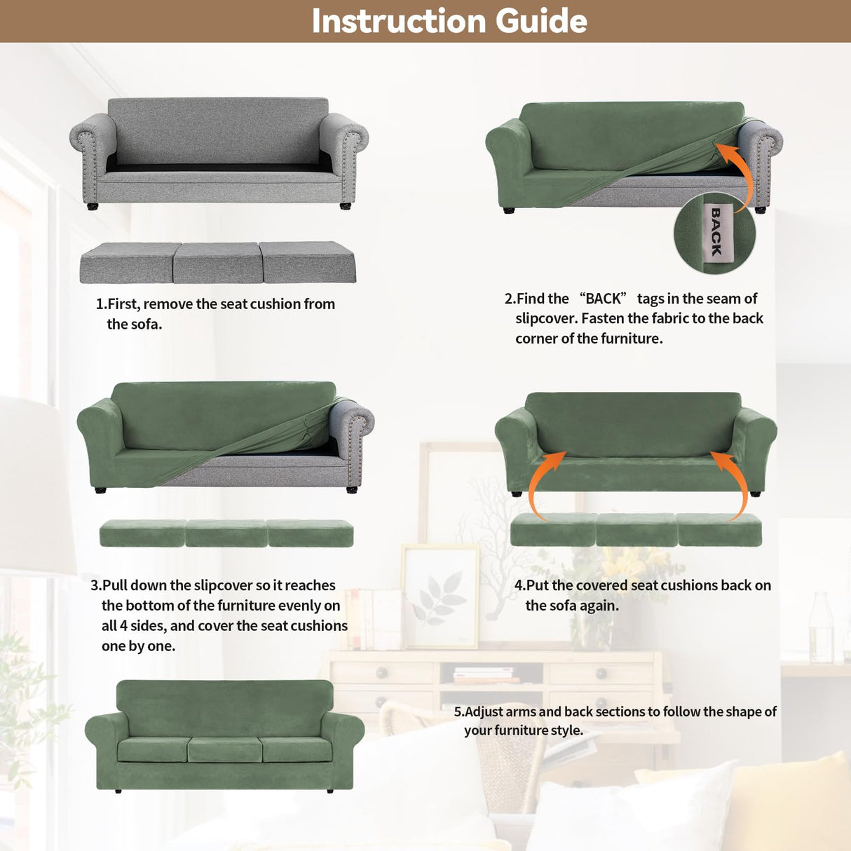 WEERRW 4 Pieces Velvet High Stretch Couch Covers for 3 Cushion Couch Sofa Slipcovers, Washable Furniture Protector with Non Slip Elastic Bottom, Feature Soft Plush Fabric, Greyish Green, Large WEERRW