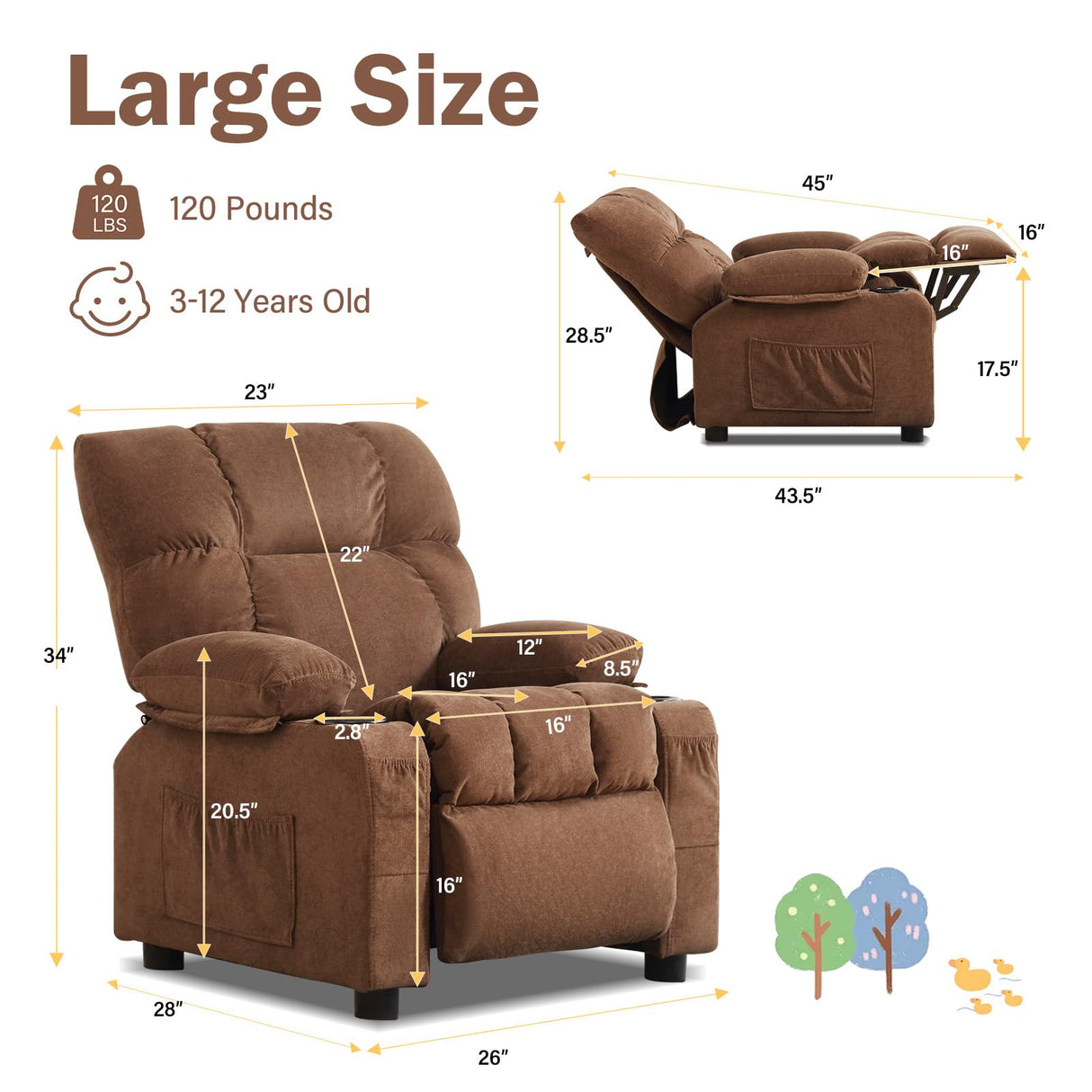 BOSMILLER Kids Recliner Chair, Push Back Toddler Recliner with Cup Holders & Side Pockets, Adjustable Footrest & Headrest Kids Sofa for Boys Girls 3+ Age Group (Deep Brown) BOSMILLER