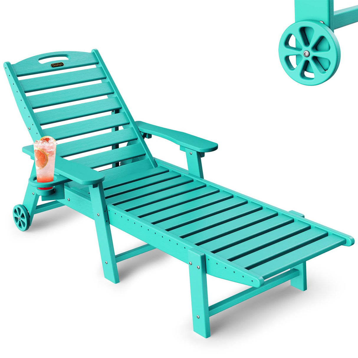 SUUNYN Lounge Chair Outdoor, Chaise Lounge, HDPE 6-Position Outdoor Chaise Lounge, Patio Lounge Chair with Wheels & Cup Holder for Pool Poolside Deck Backyard, Lake Blue SUUNYN