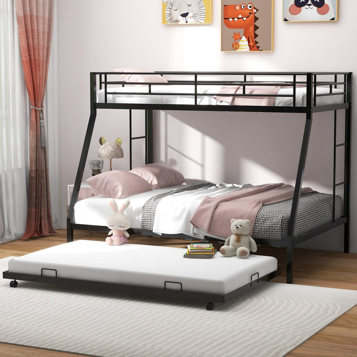 KOMFOTT Twin Over Full Bunk Bed with Trundle, Heavy-Duty Metal Bunk Bed Frame with Guardrail & 2 Ladders, Space-Saving Bunk Bed for Kids/Teens/Adults, No Box Spring Needed KOMFOTT