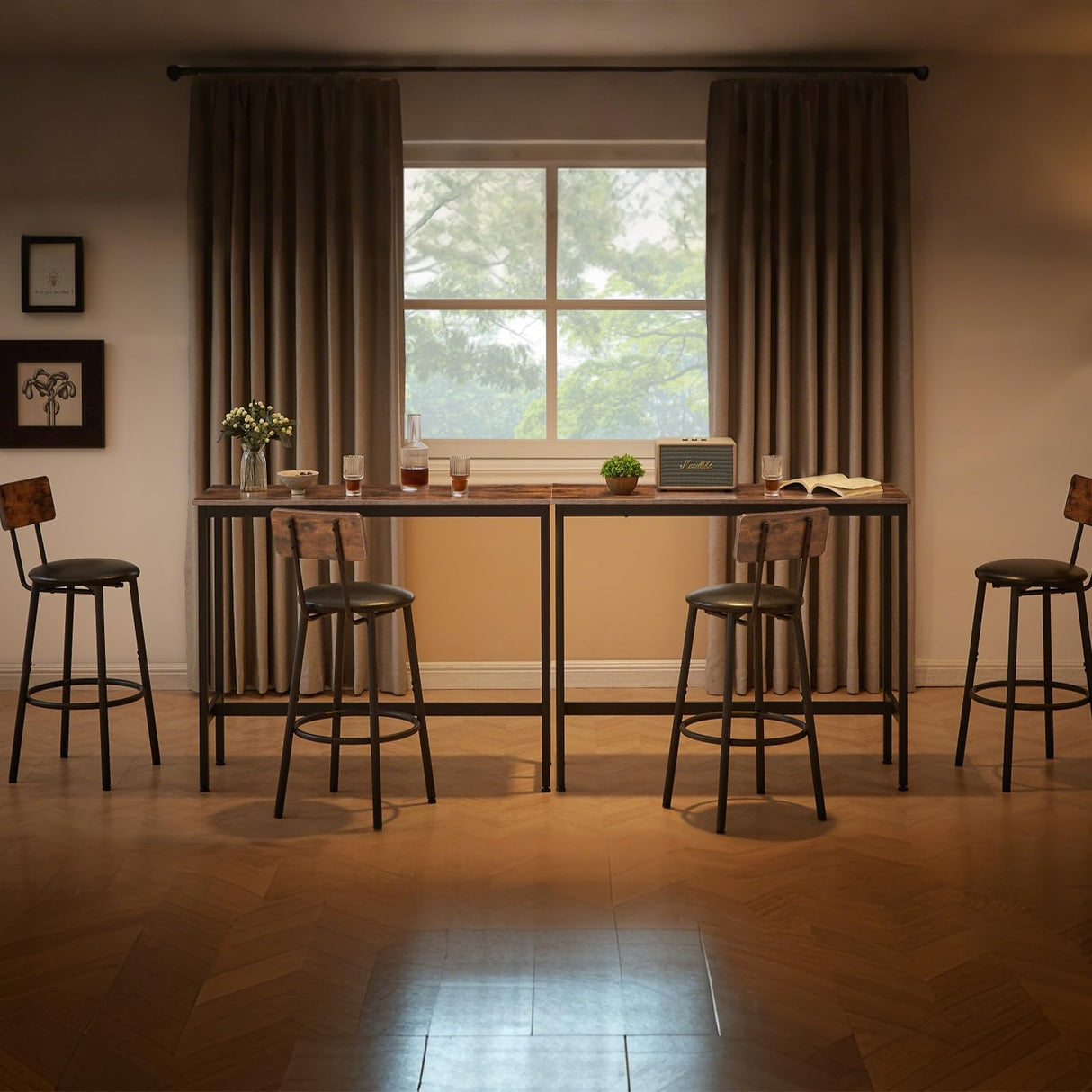 VEPXXP Industrial Bar Table and Chairs Set for 2, 3-Piece Rectangular Pub Table with 2 Stools & Backrest, Counter Height Small Kitchen Table with Bar Chairs for Dining Room Small Space, Rustic Brown VEPXXP