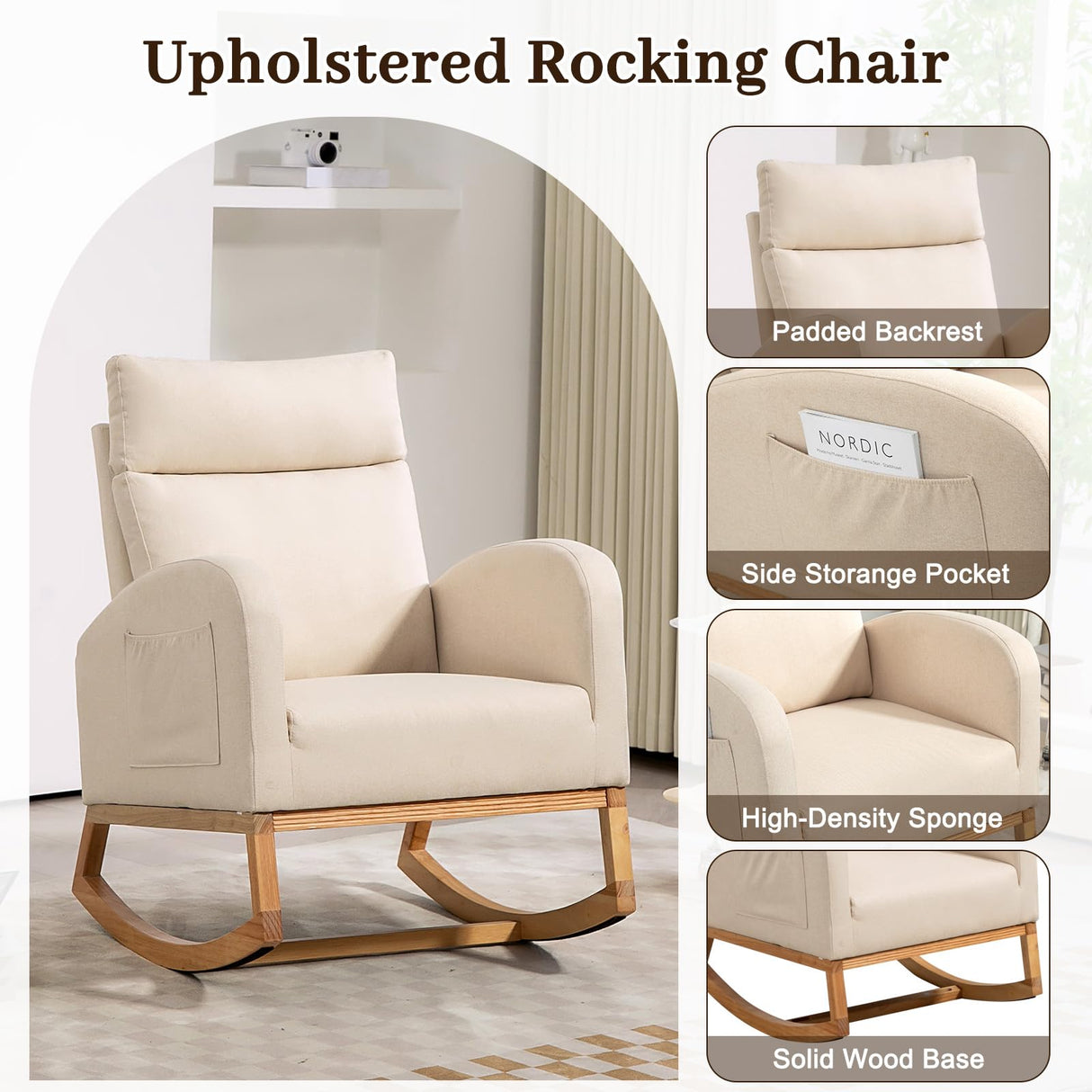 GarveeHome Nursery Glider Chair Rocking Chair, Upholstered Nursery with Rubber Wood Legs, Comfy High Backrest, Side Pockets, Accent Rocker Armchair for Living Room, 27.6" D x 33.9" W x 41.1" H, White GarveeHome