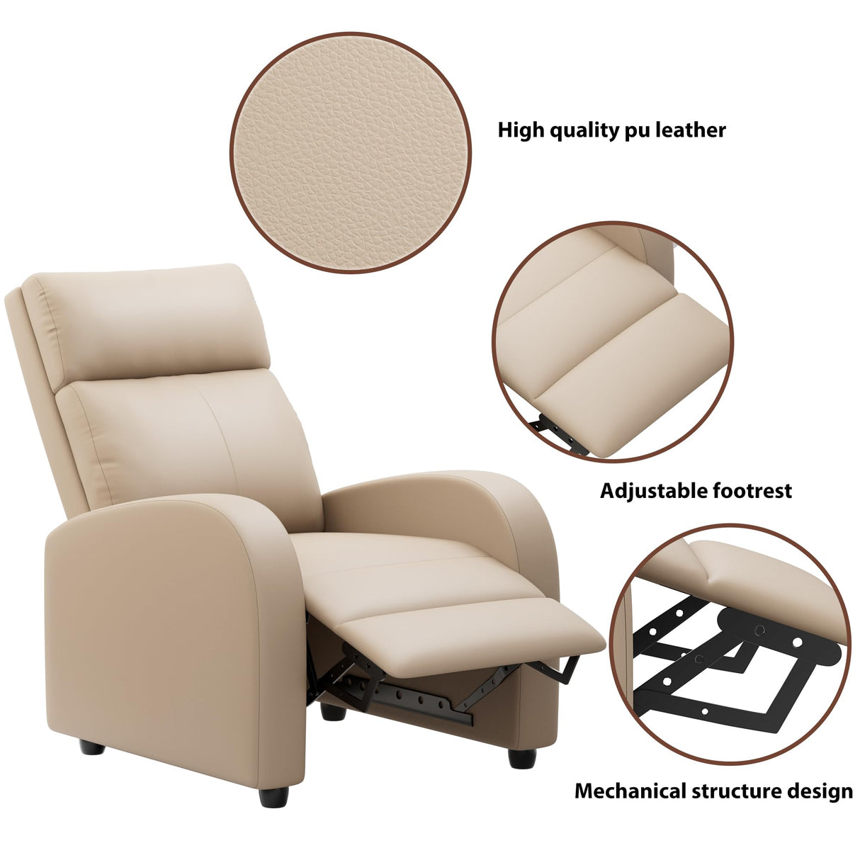 JUMMICO Recliner Chair Adjustable Home Theater Single Recliner Sofa Furniture with Thick Seat Cushion and Backrest Modern Living Room Recliners (Leather, Beige) JUMMICO