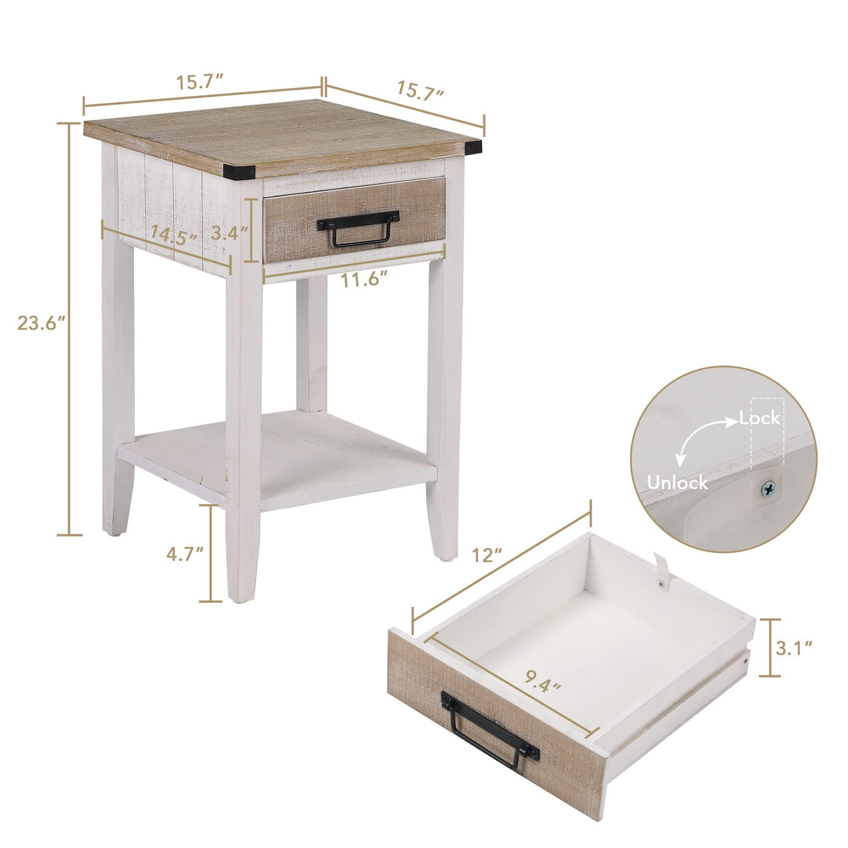 RUSTOWN Farmhouse Bedside Table Set of 2, Rustic Nightstand with Drawers and Open Shelf, Side Table End Tables for Bedroom/Living Room/Lounge (Vintage White) RUSTOWN