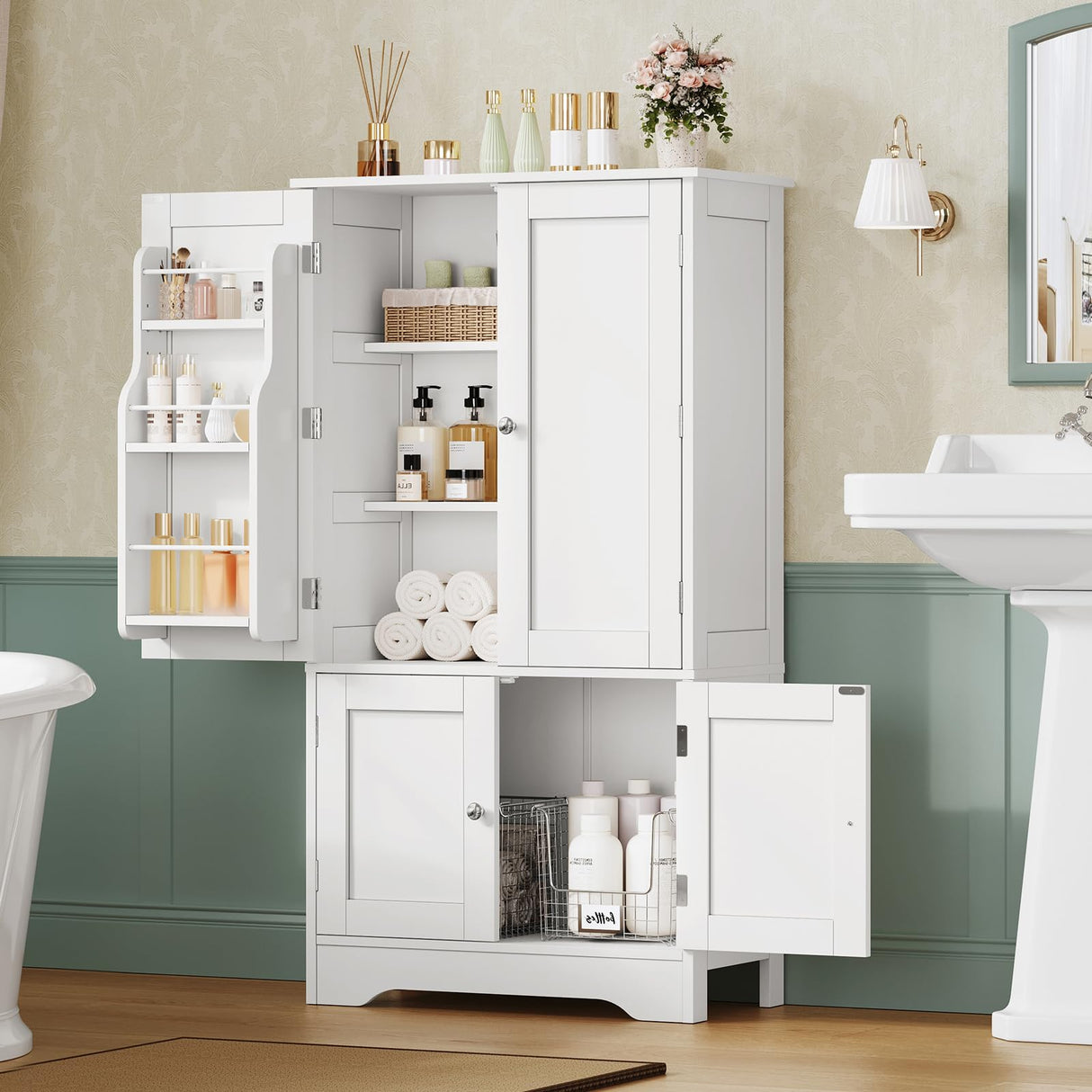 TEENFON 43'H Pantry Cabinet with 4 Doors, Kitchen Cabinet with 6 Door Shelves, Kitchen Pantry for Living Room, Dining Room, Bathroom, White TEENFON