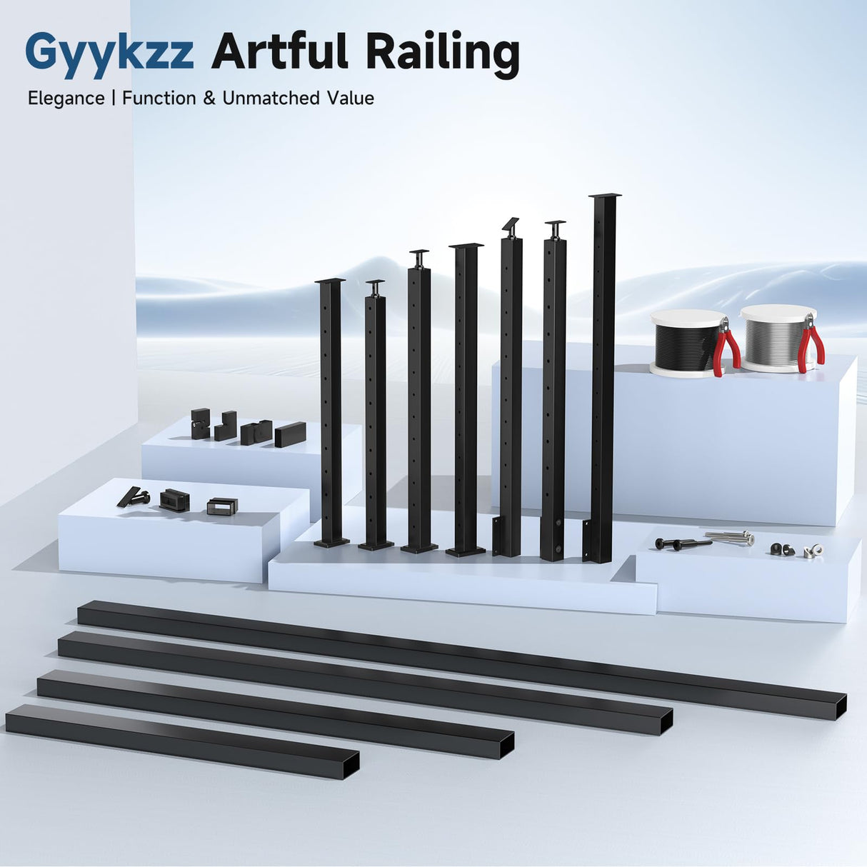 Gyykzz 42" Corner Post Cable Railing, 90° L-Drilled Black Corner Post with Cable Grommet, T304 Stainless Steel Cable Handrail Angle Post, Adjustable Top Metal Corner Post for Deck Railing System Gyykzz