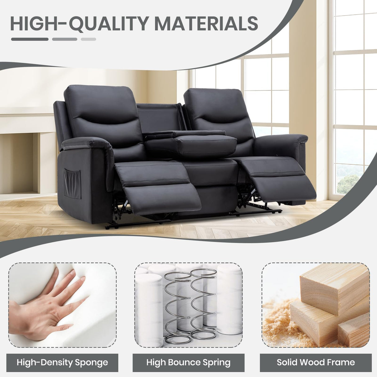Consofa Reclining Sofa, 3 Seater Recliner Sofa with Flipped Middle Backrest,Cup Holder, Loveseat Recliner Sofa PU Leather Manual Reclining Couch for Living Room, Home Theater Seating Consofa