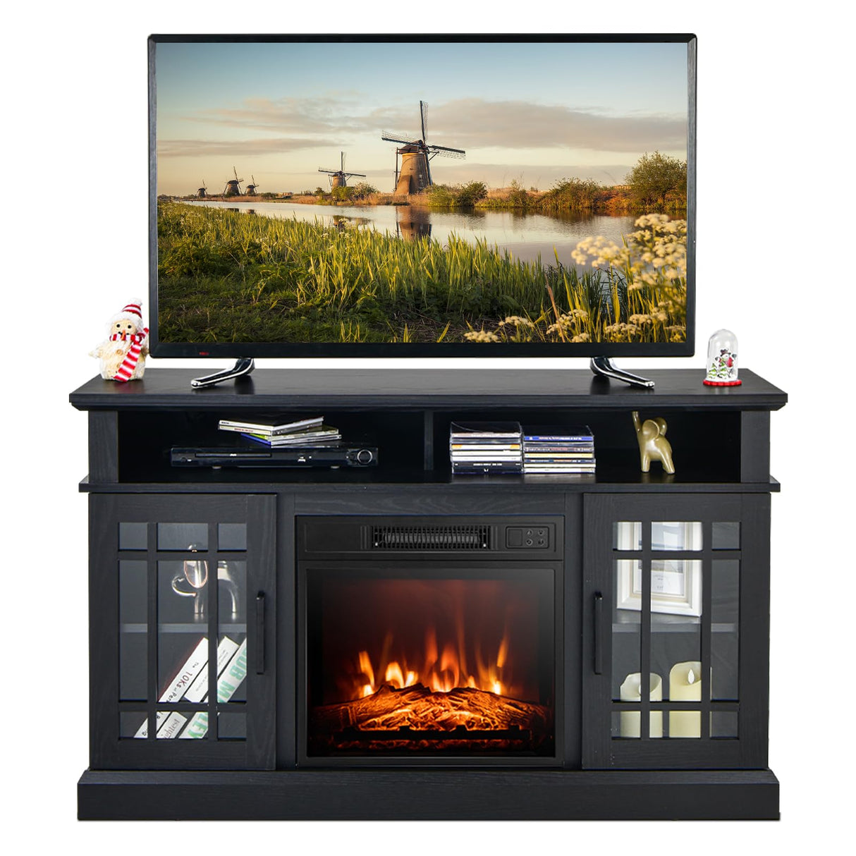 COSTWAY Electric Fireplace TV Stand for TVs Up to 55 Inches, 18-Inch Fireplace Insert with Remote, Overheat Protection, 48-Inch Wooden Media Entertainment Center with Adjustable Shelves, Black COSTWAY