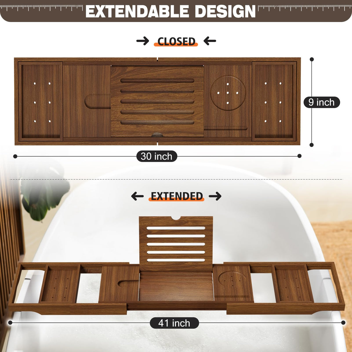 Kiasthome Teak Bathtub Tray, Bath Tray for Tub Bathroom Table Tray Expandable Wood Tub Tray for Bathtub, as Unique Housewarming, Holiday, Birthday Gifts Kiasthome