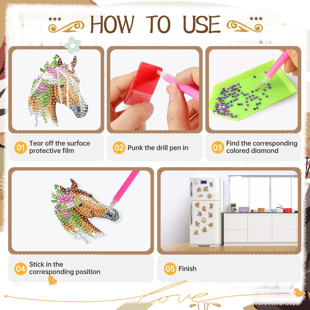 Sitsink Horse Diamond Painting Magnets - 16 Pcs Animals Theme Fridge Magnets DIY Cute Horse Stickers Diamond Art Kits for Adults Refrigerator Art Craft Home Decoration Car Sitsink