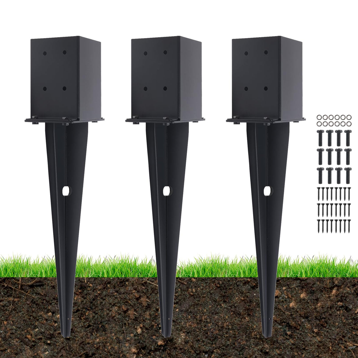 3 Pcs 4 "x 4 "Fence Post Anchors Ground Spike (Actual 3.6 ” X 3.6”),Heavy Duty Metal Fence Stakes Post Base 22'' with Black Powder Coated Support for Mailboxes, Fences, Trellis Posts, Banners. Nrspp