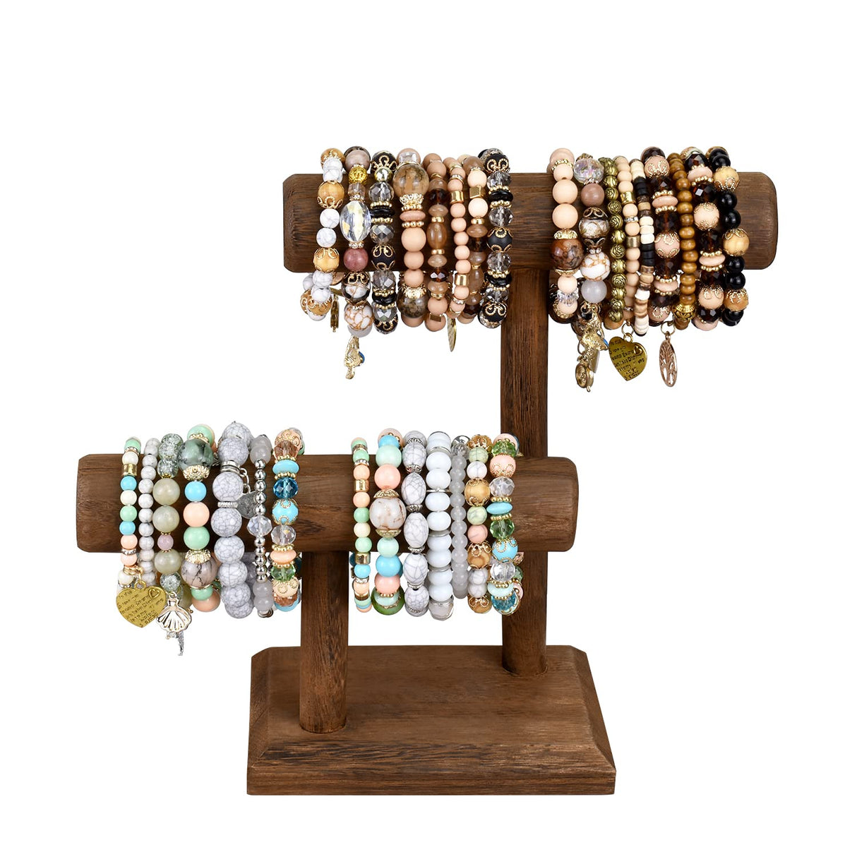 Ikee Design 2 Tier Wooden Jewelry Bracelet Watch Display Tower, Bangle Scrunchie Necklace Holder Storage Stand, 7.9 W x 4.3 D x 9.4 H in, Brown Color Ikee Design