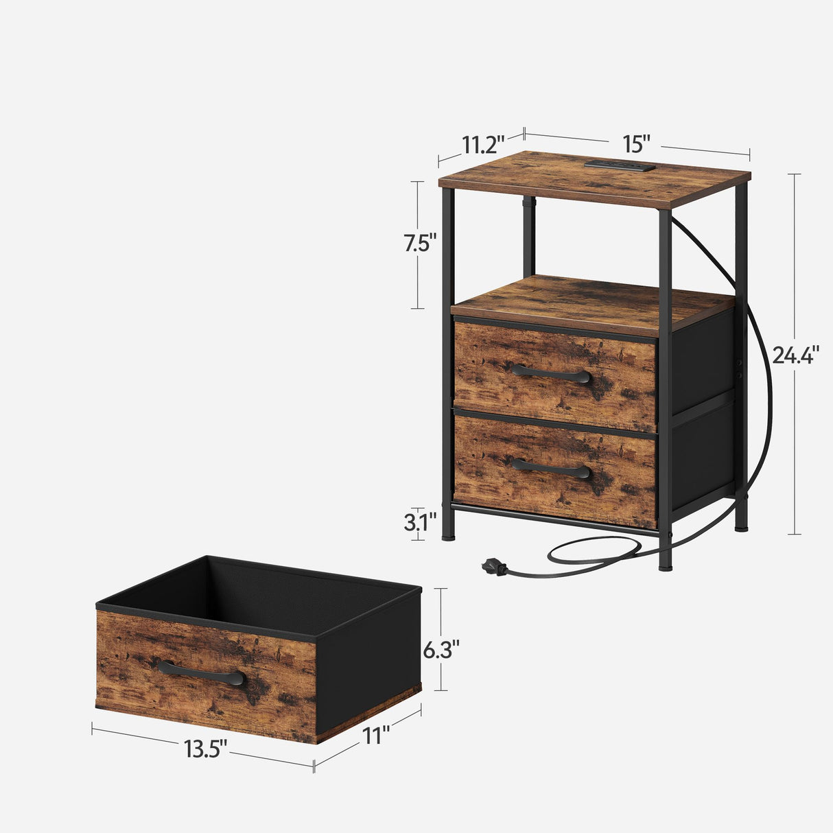 TRIFEBLE Nightstands Set of 2, Night Stand with Charging Station and Led Lights, Bedside Table with 2 Fabric Drawers for Bedroom, Small Side End Table with Open Shelf, Rustic Brown TRIFEBLE