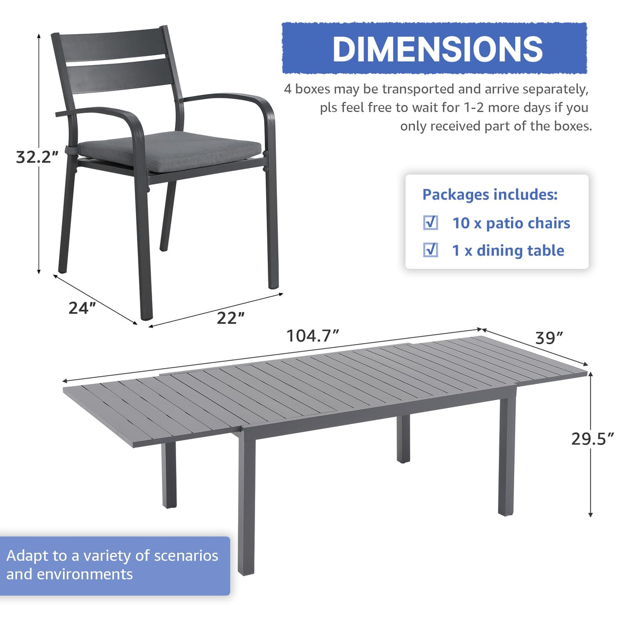SUNSITT 11-Piece Outdoor Patio Dining Set, 63" - 105" Aluminum Expandable Outdoor Dining Table Set for 10, 10 Stackable Chairs with Gray Removable Cushions SUNSITT