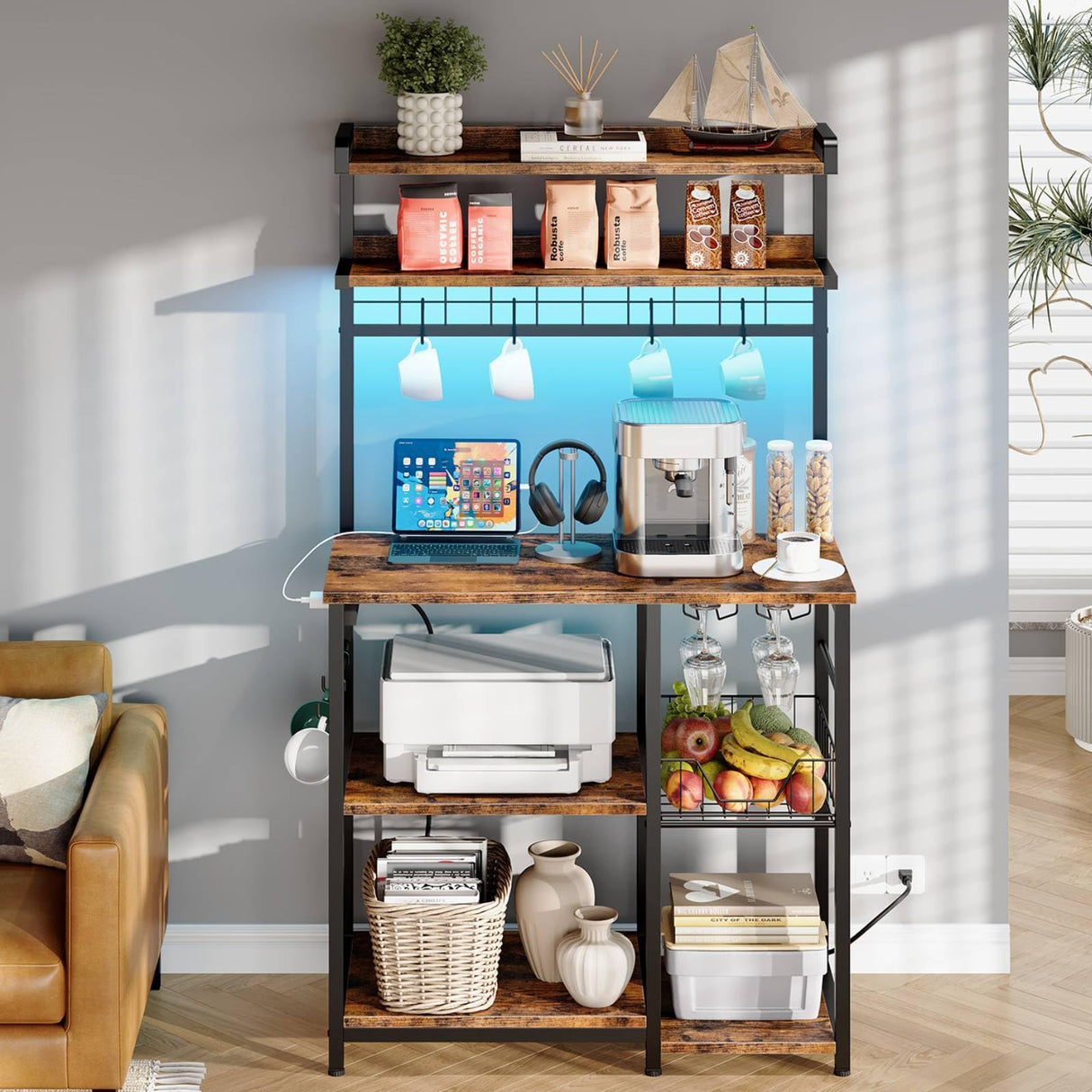 HOOBRO Bakers Rack with Power Outlet, 5 Tiers Coffee Bar with LED Light, Microwave Stand with Wire Basket & Wine Holders, Kitchen Storage Shelf with 6 S-Shaped Hooks, Rustic Brown and Black BF21UDHB01 HOOBRO