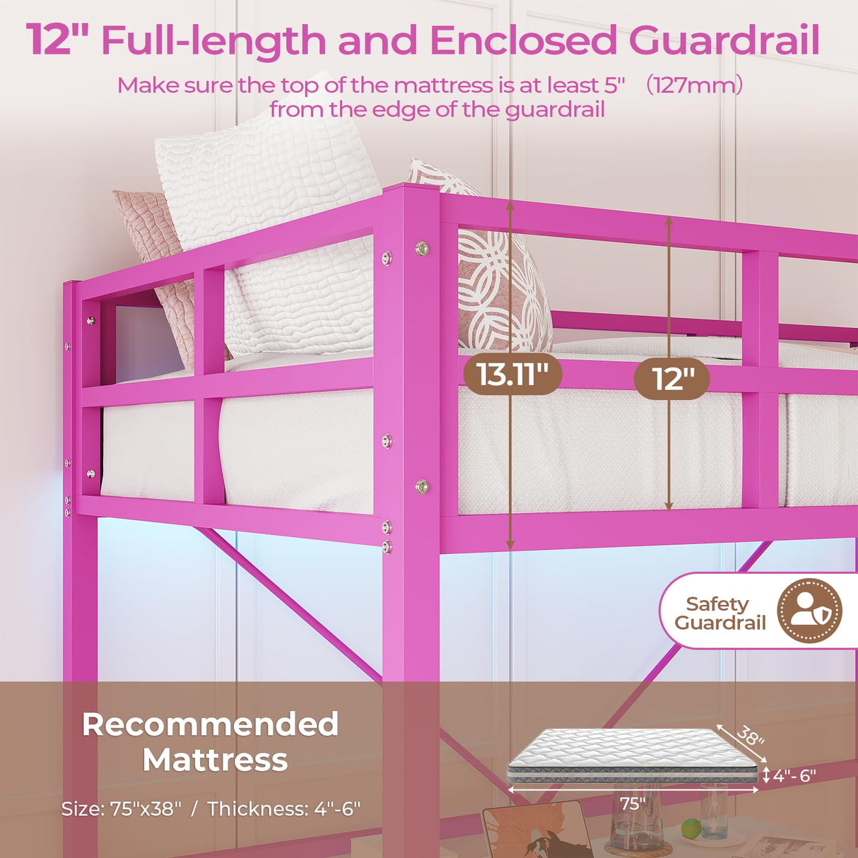 DICTAC Loft Bed Twin Size with Led Lights Metal Twin Loft Bed Frame with Full-Length Guardrail and Stair for Junior, Heavy Duty Metal Slats Support,Noise-Free, Space-Saving, No Box Spring Needed, Pink DICTAC