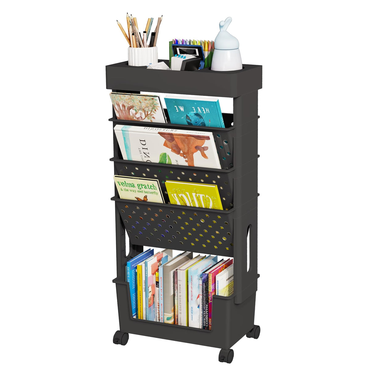 yeavs 5-Tier Mobile Bookshelf, Rolling Bookcase Book Storage Rack, Movable File Folder Organizer Cart with Wheels for Home Study Office Living Room Classroom, Black yeavs