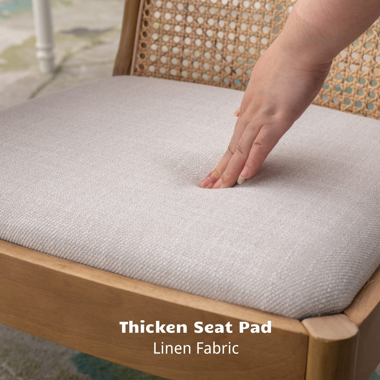 HEAH-YO Rattan Dining Chairs Set of 2, Upholstered Linen Dining Room Chairs with Backrests, Modern Kitchen Chairs with Wood Legs for Dining Room, Beige HEAH-YO