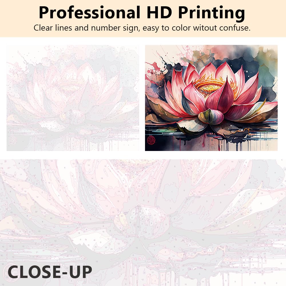 TUMOVO Pink Lotus Paint by Numbers, Retro Flower Paint by Numbers, Colorful Abstract Lotus Oil Painting Kit, DIY Acrylic Painting for Adults with Brushes and Pigment, 16x20 Inch TUMOVO