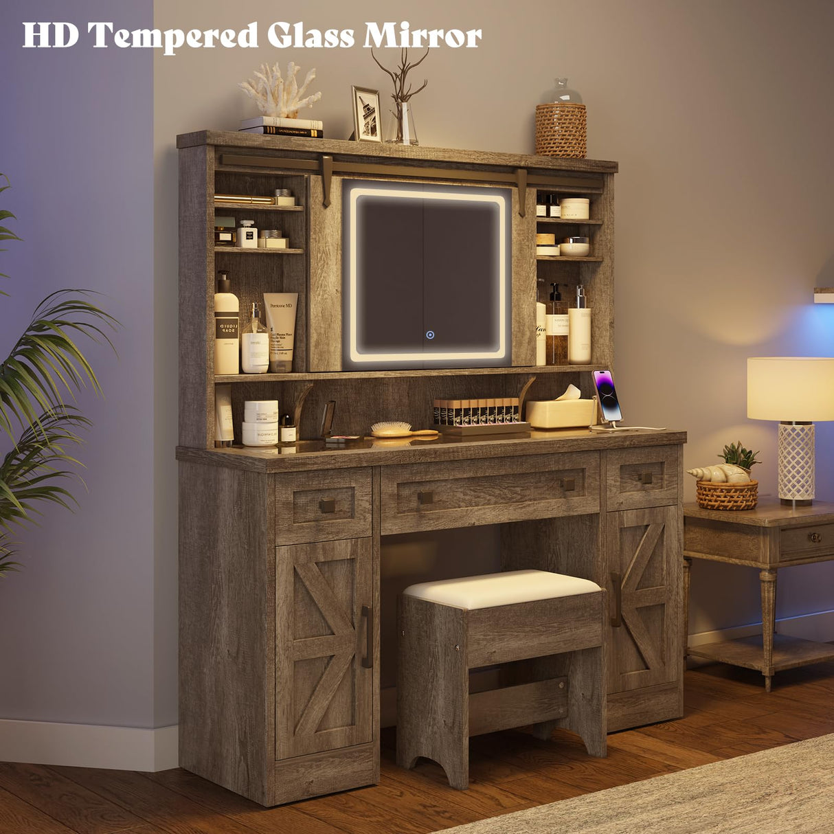 AMERLIFE 47.2" Farmhouse Vanity Desk with Mirror and Lights, Rustic Makeup Vanity Table with Charging Station, Vanity Set with Stool & Storage, LED Sliding Mirror & Glass Top, Dark Oak Finish AMERLIFE