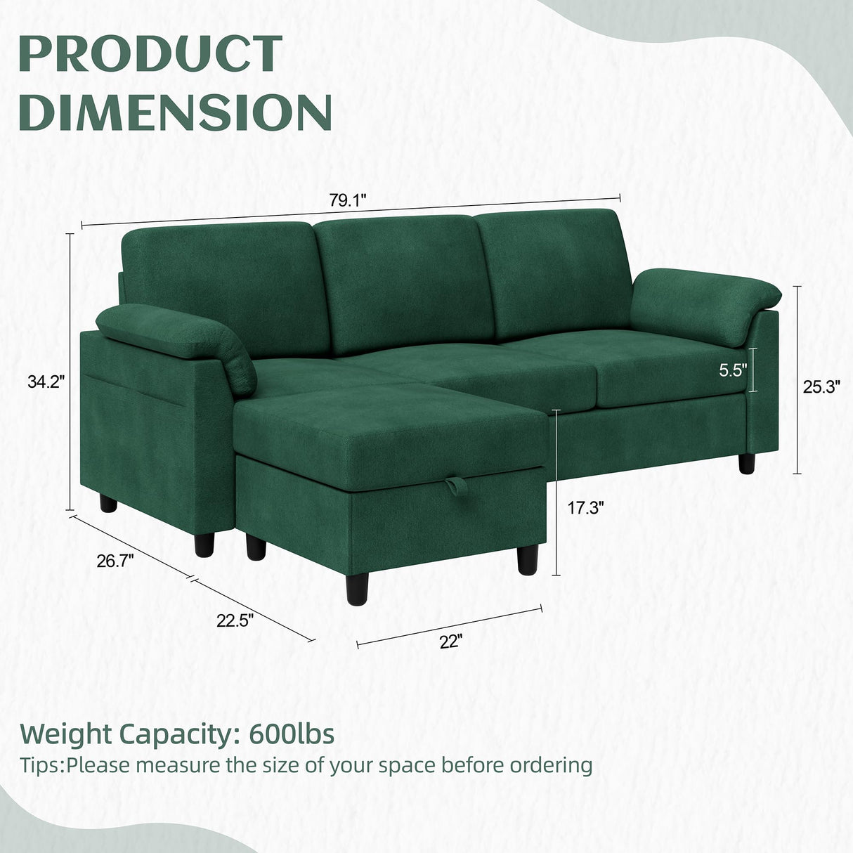 Vongrasig Convertible Sectional Couch, 3 Seat L Shaped Sofa with Removable Pillows Linen Fabric Small Modern Couch Mid Century for Living Room, Apartment and Office (Green) Vongrasig