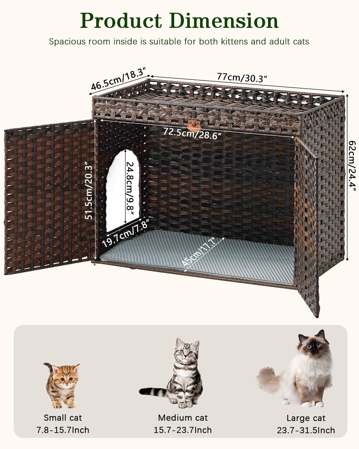 SETVSON Cat Litter Box Enclosure Furniture, Handwoven Rattan Hidden Litter Box with Mat, Large Space Cat House with 2 S-Shaped Hooks, 30.3 x 18.3 x 24.4 Inches, Indoor for Living Room Apartment Brown SETVSON