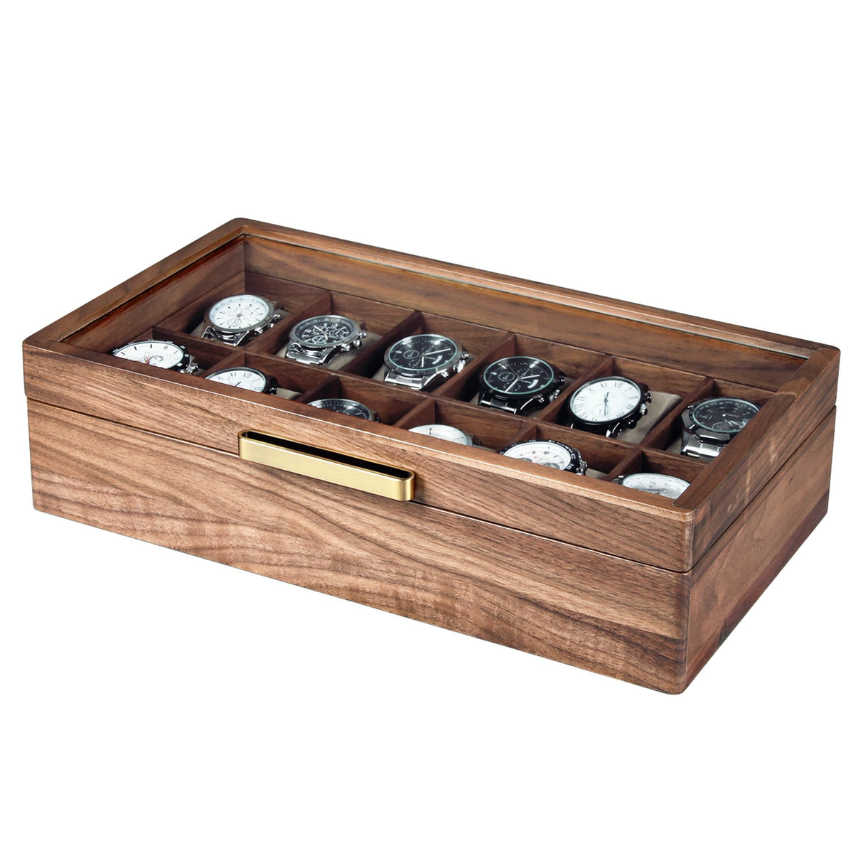 KITEISCAT Black Walnut Wood Watch Case for Men, 12-Slot Watch Box With Glass Lid & Watch Pillows, Watch Holder, Watch Display Case, Watch Box Organizer, Watch Storage Solution KITEISCAT
