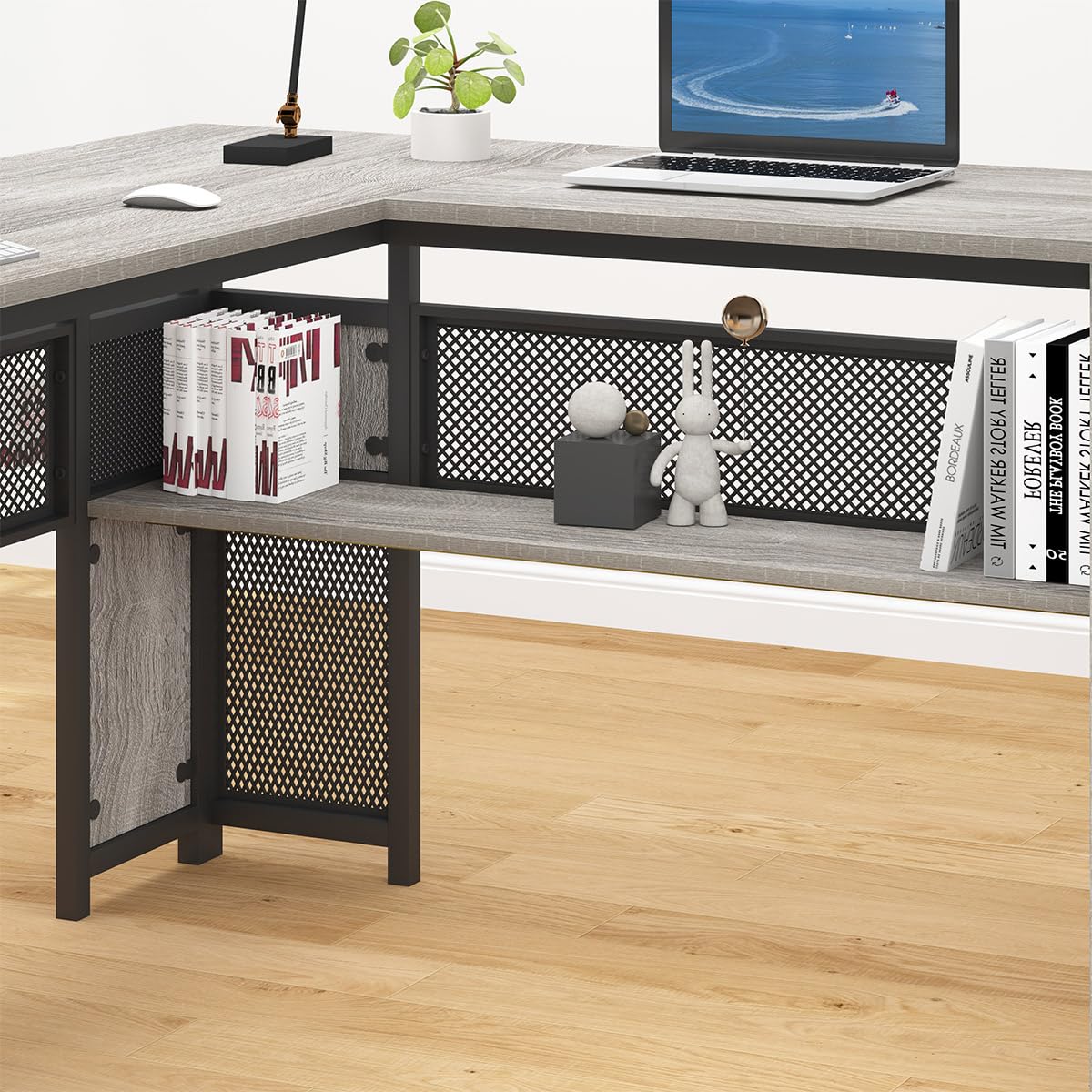 HSH Large L Shaped Desk with Storage File Cabinet,Corner L-Shaped Computer Desk with Drawers Shelves, Home Office Bedroom Metal Wood Study Writing Table Executive Workstation, Light Grey Oak, 59 Inch HSH