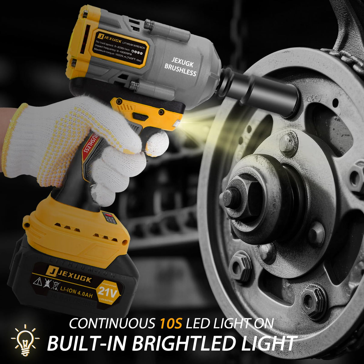 JEXUGK 1000N.m 1/2" Cordless Impact Gun, 740ft-lbs 21V Brushless High Torque Wrench with 2 x 4.0Ah Battery, 5 x Sockets & Fast Charger, Power Impact Driver for Truck Car Home Mower JEXUGK