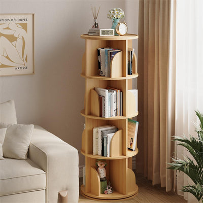 Rotating Bookshelf 360 Degrees,4 Tier Round Spinning Bookcase, Wood Book Shelf Tower for kids, Adults, Narrow Rolling Corner Bookshelf for Small Spaces, Bedroom, Classroom, Kids room, Natural