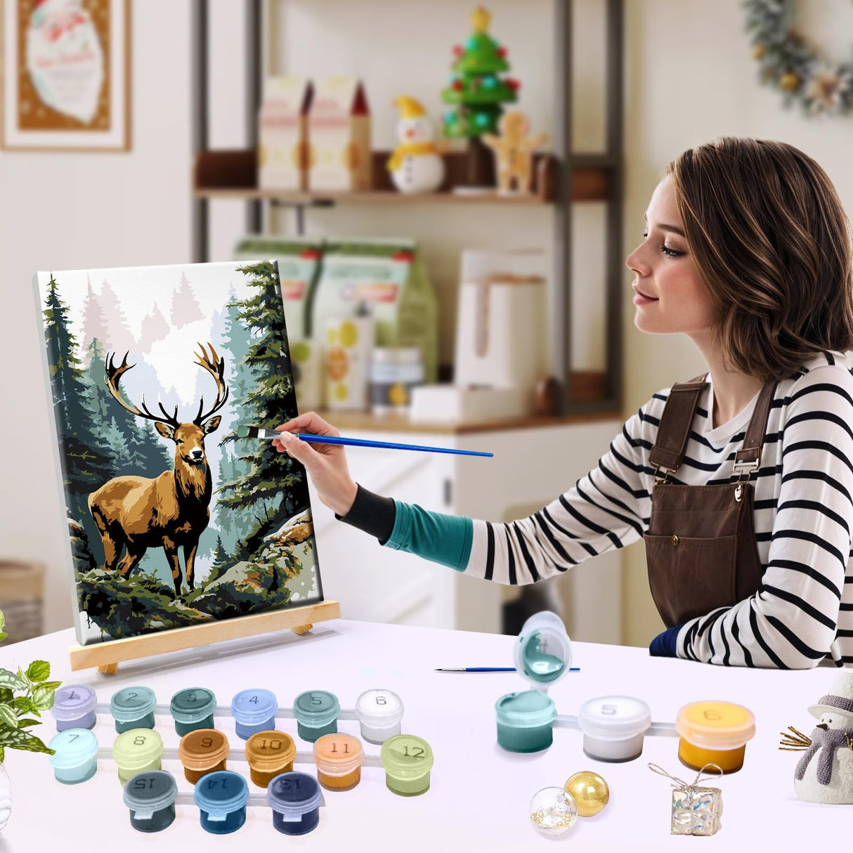 JOOZ Paint by Numbers Kit for Adults with Frame Deer Paint by Number with Easel Forest Adult Paint by Number Kits Framed DIY Mountain Landscape Oil Painting Kits for Gift Home Wall Decor 8x12 Inch JOOZ