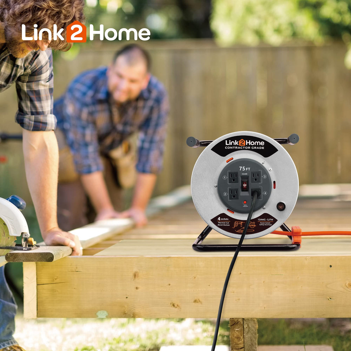 Link2Home Contractor Grade Retractable Extension Cord Reel 75 Ft. With 4 Outlets & Heavy Duty/High Visibility 3-Prong SJTW Cord Link2Home