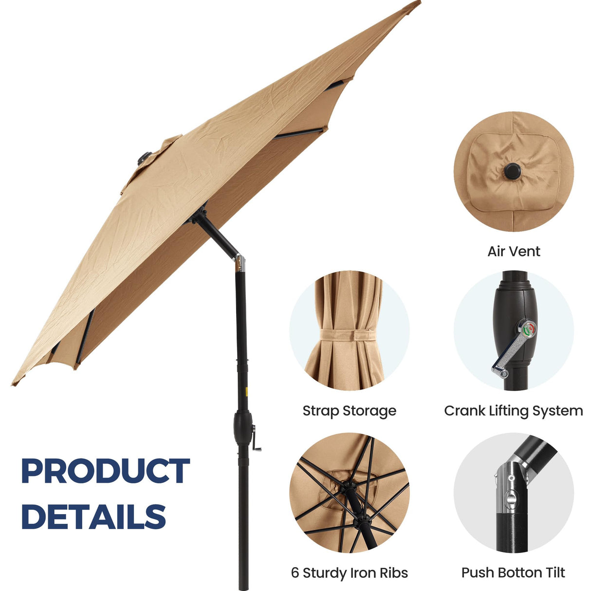 SUNVIVI OUTDOOR 6.5 x 10 Ft Rectangular Patio Umbrella Aluminum Pole, Outdoor Table Market Umbrella with Crank, 6 Steel Ribs, Polyester Canopy, Light Brown SUNVIVI OUTDOOR
