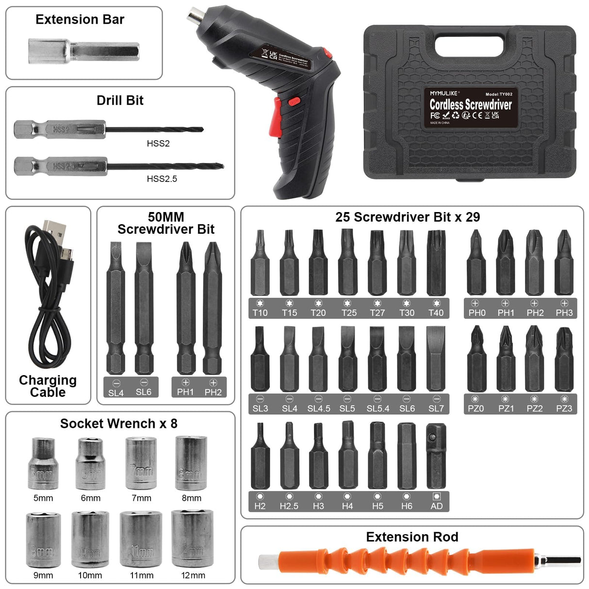 Cordless Electric Screwdriver, 3.6V Rechargeable Power Screwdriver with 47 pcs Accessories, usb charging, 3Nm Screw Gun, mini Carrying screwdriver set with LED Light for Electric Power Drill Set MYMULIKE