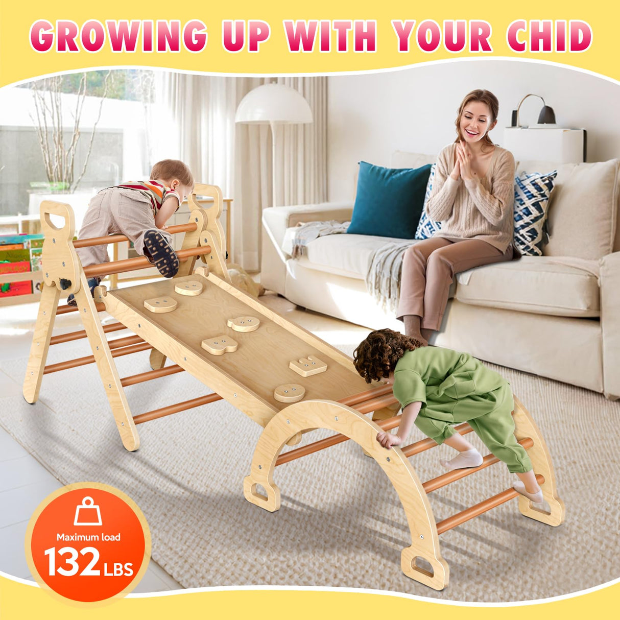 Xickboke Pikler Triangle Set Montessori Play Gym Climbing Toys for Toddlers 1-3 Inside Wooden Baby Play Gym Toddler Slides Indoor and Outdoor Play Xickboke