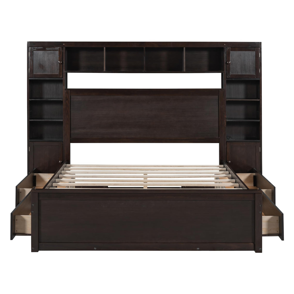 Queen Storage Platform Bed with Bookcase Headboard and Drawers in Espresso Harper & Bright Designs