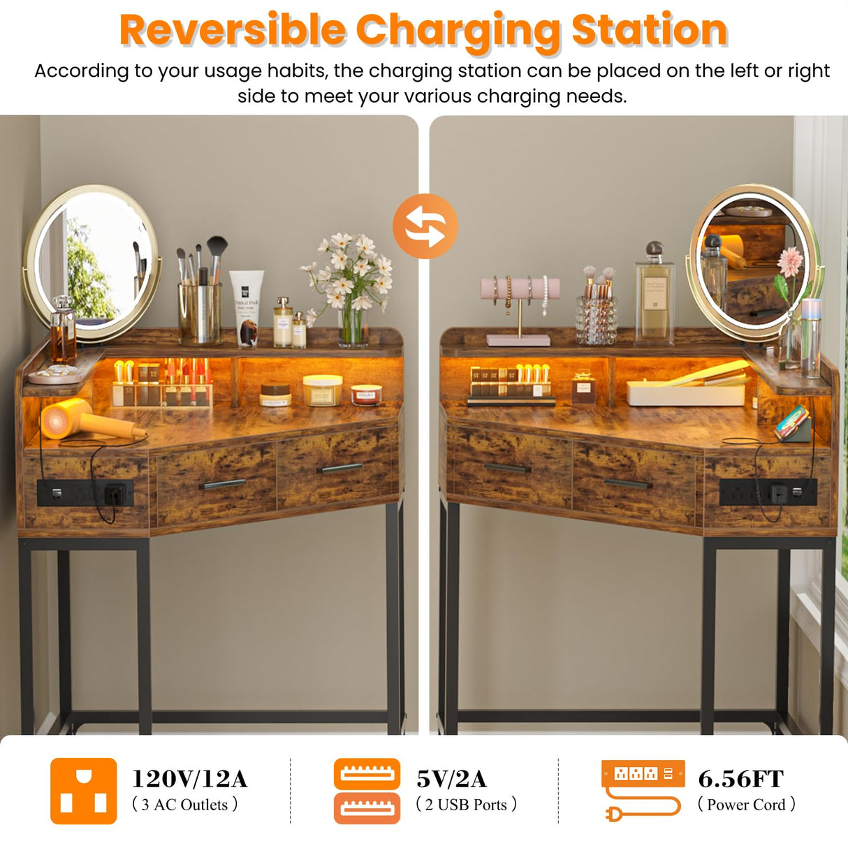 Cyclysio Corner Vanity Desk Without Mirror, Makeup Vanity Table with Lights & Power Outlets, Small Corner Vanity with Drawers for Bedroom,Small Spaces, Brown Cyclysio