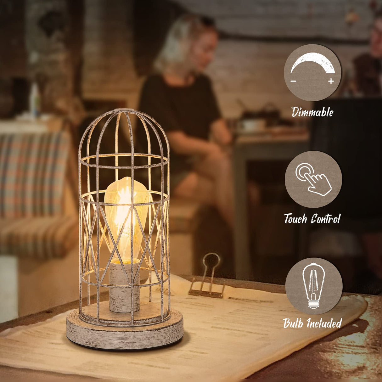 Small Table Lamp, Touch Control Table Lamp with Brushed White Oak Cage, Farmhouse Bedside Lamp 3-Way Dimmable Nightstand Lamp Edison Lamp for Bedroom, Living Room, Hallway, Kitchen, LED Bulb Included Seaside village
