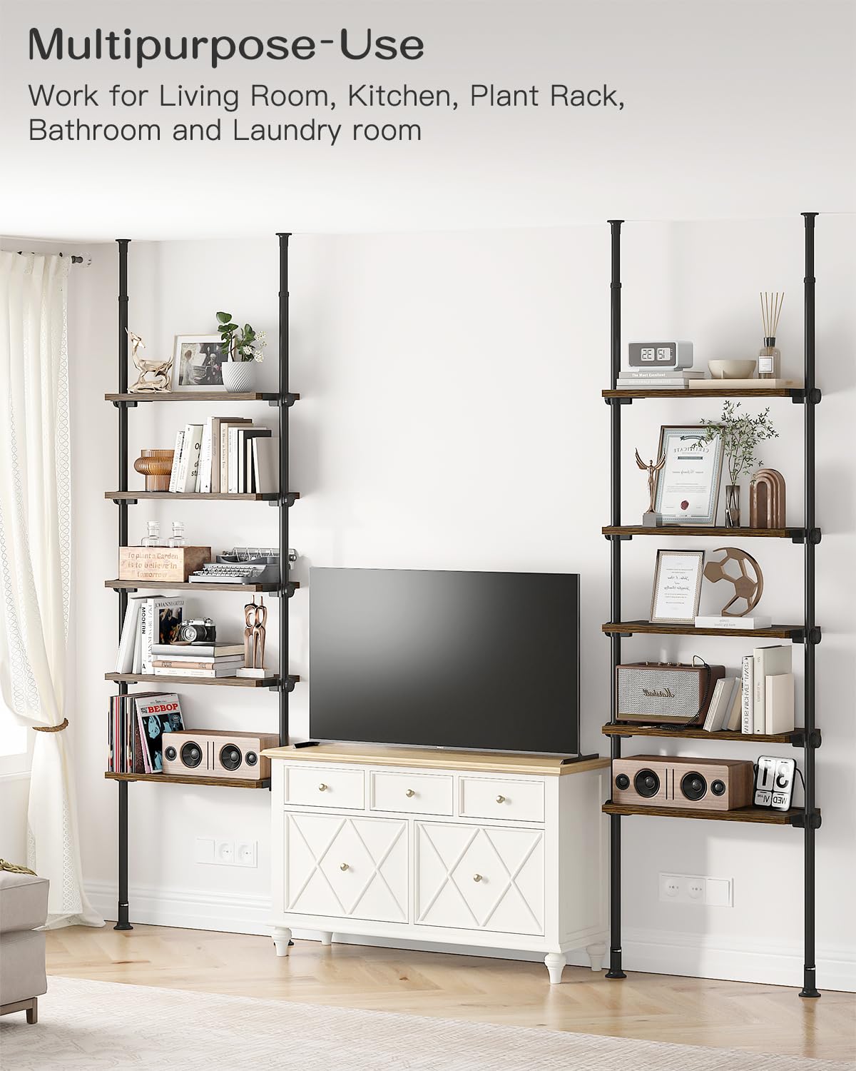 ALLZONE Rustic Brown 5-Tier Adjustable Ladder Bookshelf with Floor-to-Ceiling Tension Mount ALLZONE