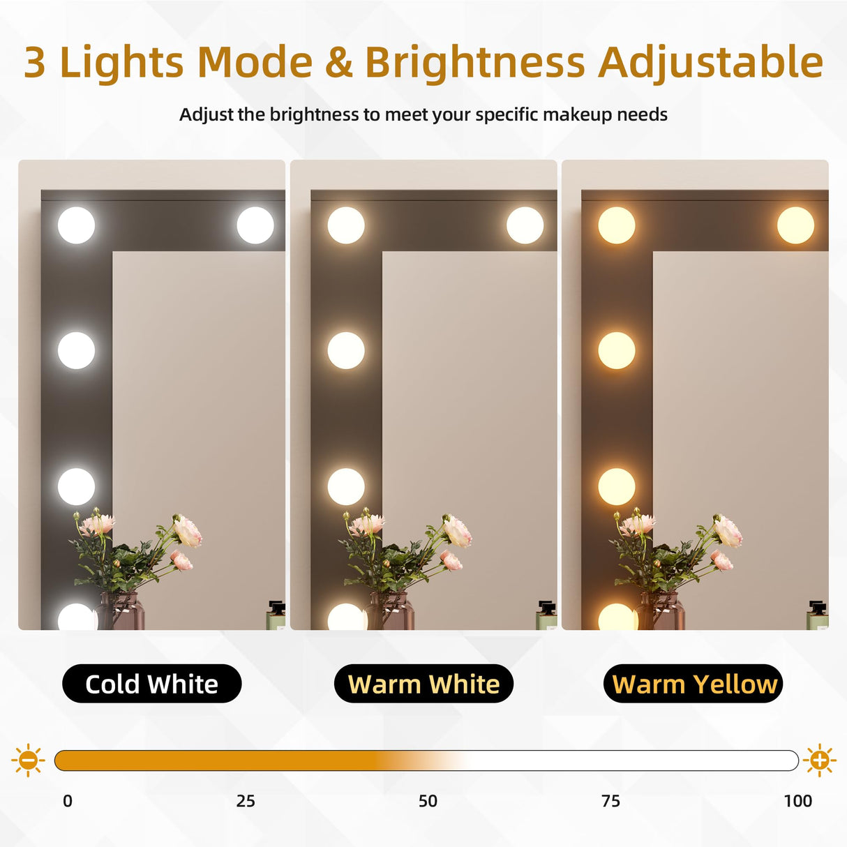 YESHOMY Vanity Desk with Mirror, Makeup Table with 11 Adjustable LED Lights and 2 Spacious Drawers, Soft-Padded Storage Stool, 3 Lighting Modes with Control, for Bedroom, Black YESHOMY