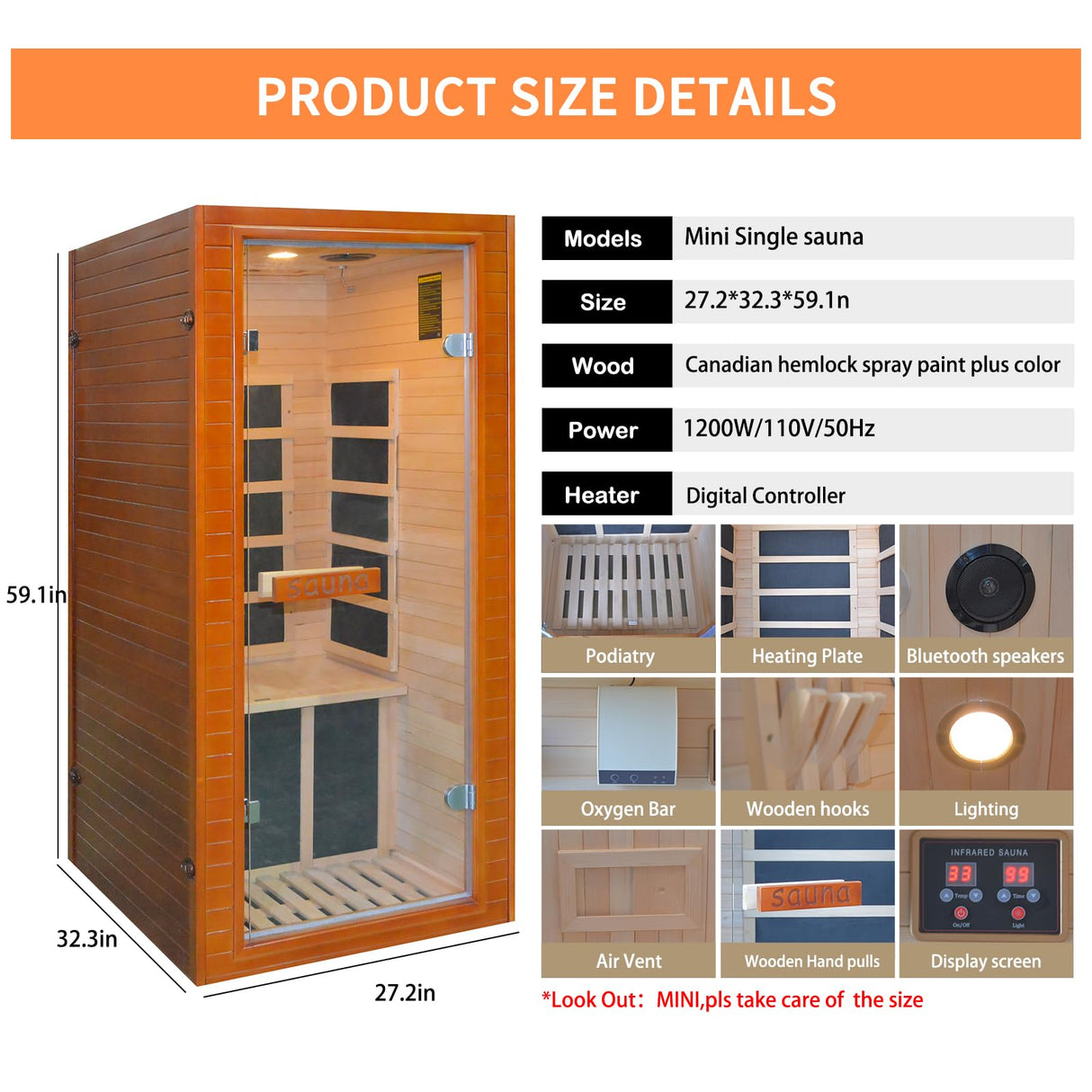 Sauna Mini 1 Person Low EMF Infrared Home Sauna,Hemlock Wood 5 Heating Panels Dry Indoor Sauna,1200W/110V Far Infrared Sauna With Led Reading Lamp,Bluetooth Speakers,Oxygen bar,Digital Controller Prahalum
