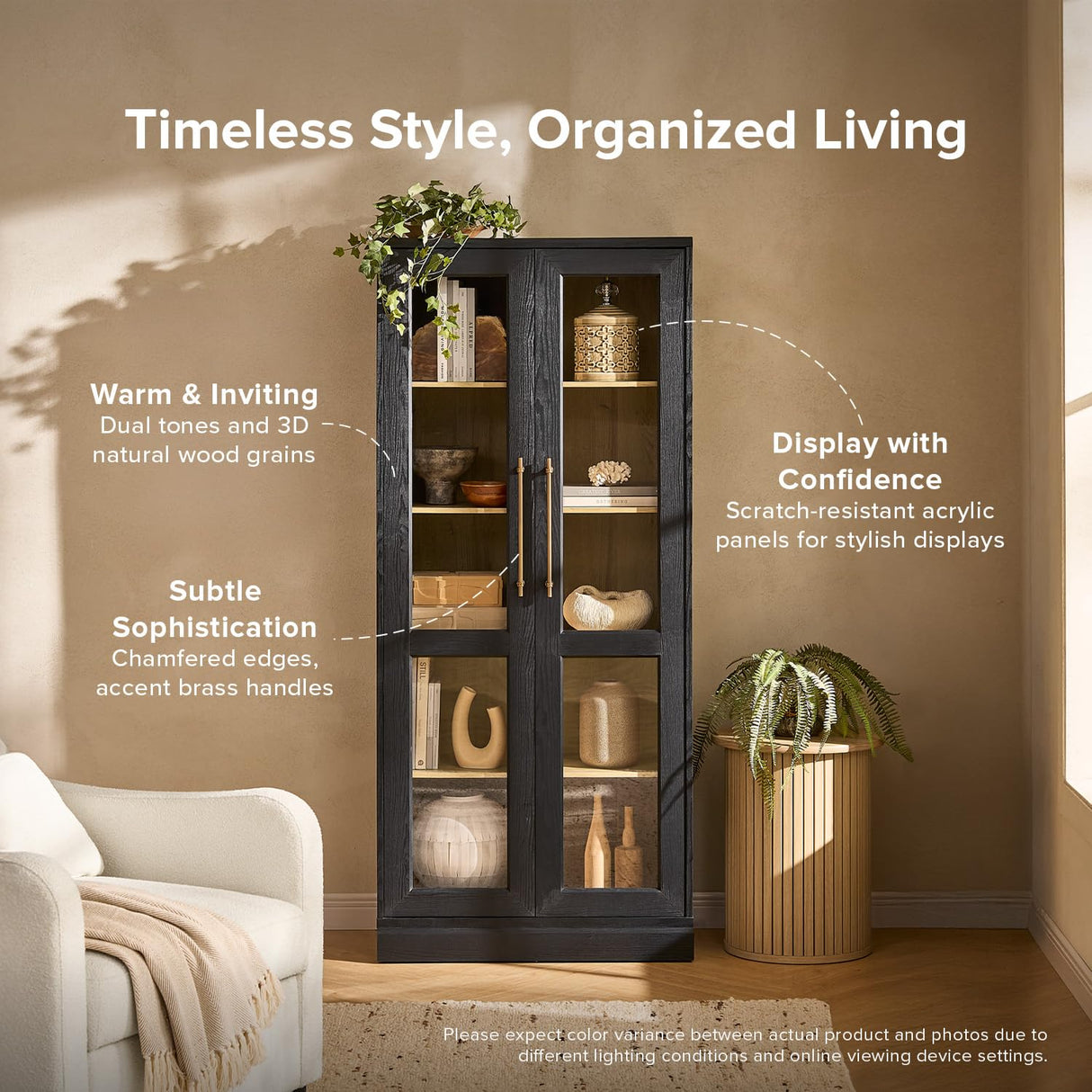 mopio Blake Tall Display Cabinet, Kitchen Buffet Pantry Cupboard, Trophy Display Case, Storage Cabinet Scratch Resistant Acrylic, Modern Farmhouse Curio Organizer (Black Oak Acrylic, Single) mopio