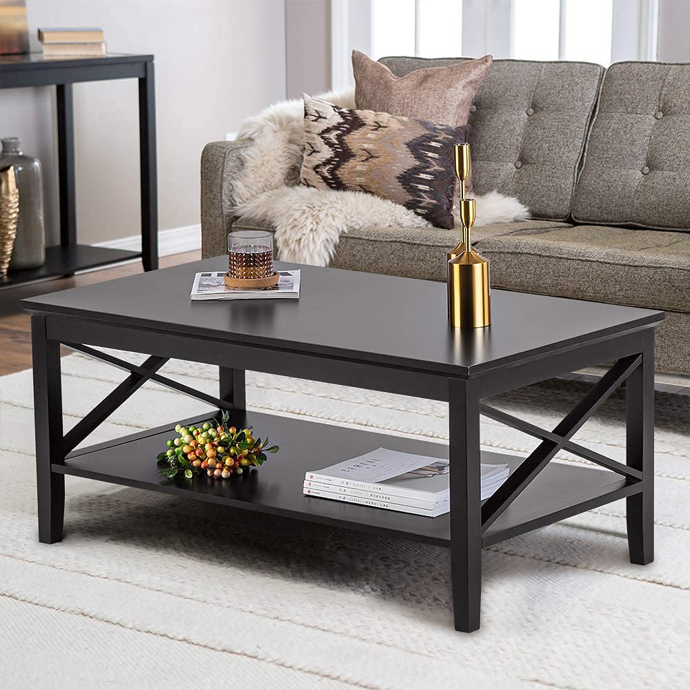 ChooChoo Oxford Coffee Table with Thicker Legs, Black Wood Coffee Table with Storage for Living Room ChooChoo