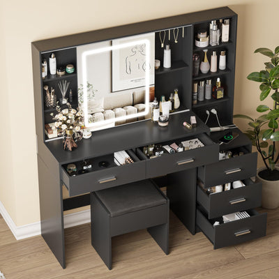Fameill Makeup Vanity Desk with Sliding Mirror, Vanity Table with 3 Color Lighting, Vanity Table Set with Chair, 5 Drawer Storage, 5 Hooks, Charging Station and Ample Storage, Black