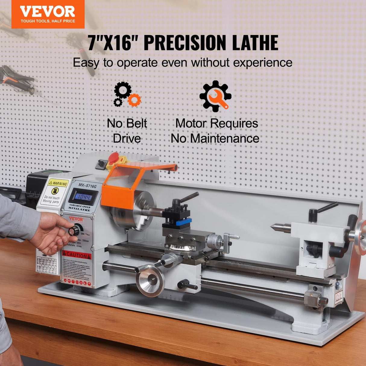 VEVOR 7'' x 16'' Metal Lathe Machine, 800W Precision Benchtop Power Metal Lathe, 150-2500 RPM Continuously Variable Speed, with 3.9'' 3-jaw Metal Chuck Come with Tool Box VEVOR