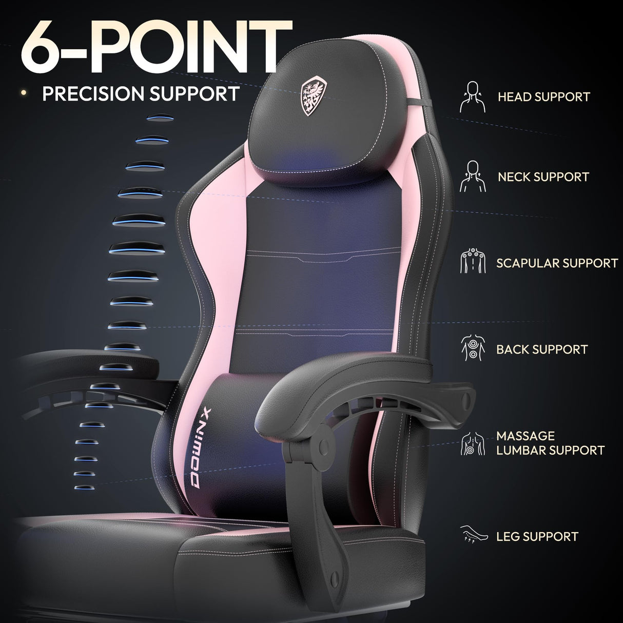 Dowinx Gaming Chair with Pocket Spring Cushion and Footrest, Ergonomic Game Chair with Massage Lumbar Support for Adults, High Back Leather Computer Chair for Office Gaming 300LBS, Pink Dowinx