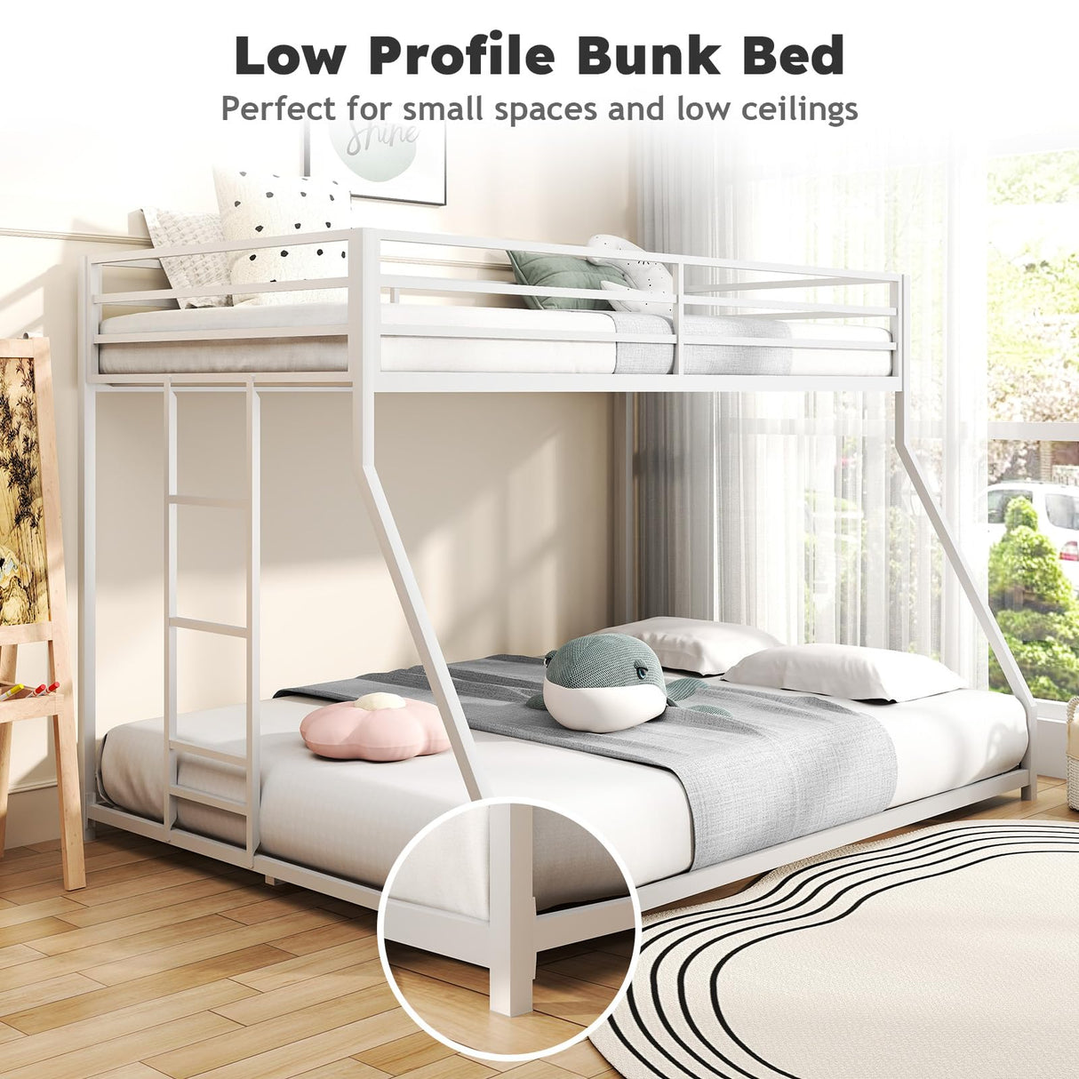 Zevemomo Twin Over Full Bunk Bed, Metal Low Profile Bunkbeds with Full-Length Guardrail and Ladder, Space Saving, No Boxing Spring Needed, White Zevemomo