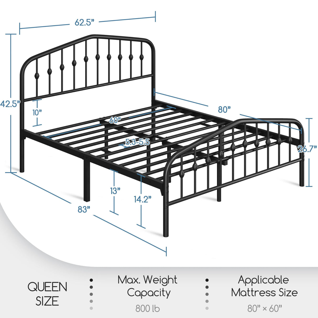 Elegant Victorian-Style Black Metal Queen Bed Frame with Crown Headboard and Easy Assembly Yaheetech