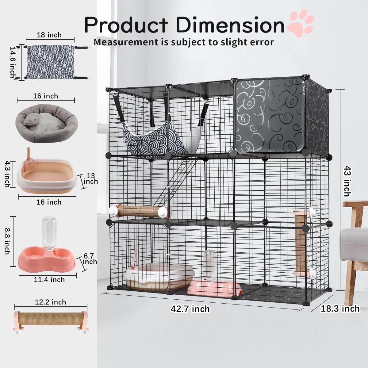 BriSunshine Cat Cages Indoor, 3 Tier DIY Cat Enclosure with Large Hammock, Metal Wire Pet House Kennels Crate Catio with Litter Box, Bed, Scratchers, Bowl, Stairs for 1-2 Cats BriSunshine