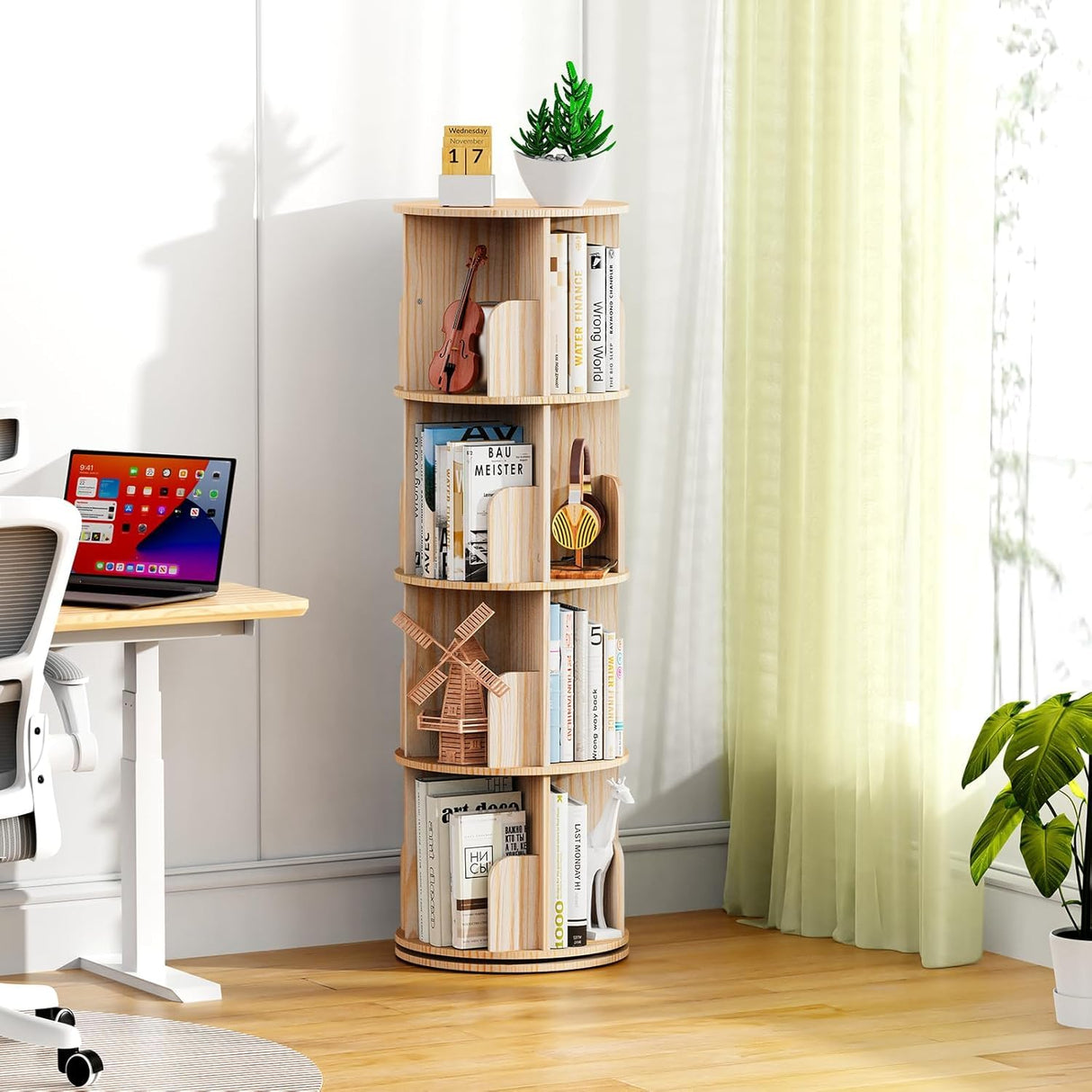 Rotating Bookshelf Tower – 4 Tier Wooden Book Shelf, Small Narrow Spinning Bookcase for Kids Rooms, Corner Bookshelf Organizer for Kids Books and Home Storage Kinembold